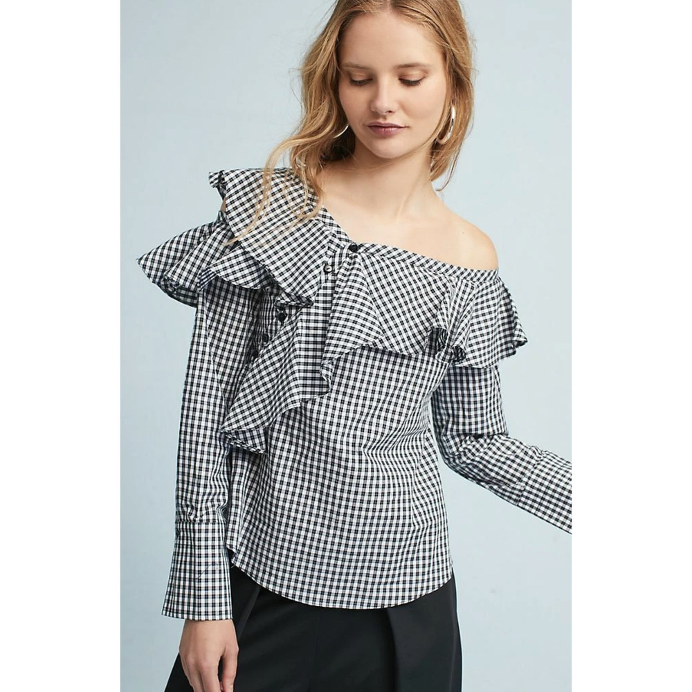 Sunday in Brooklyn Anthropologie Ruffle Asymmetric Plaid Top One Shoulder Size S